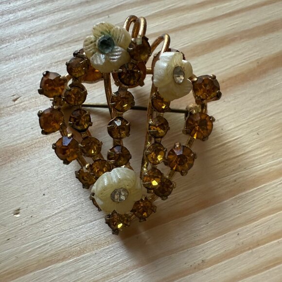 Vintage Austrian Rhinestone & Floral Clip-On Earrings & Brooch Set Mid Century - Picture 3 of 12